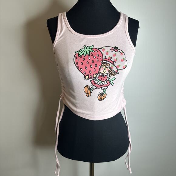 Strawberry Shortcake Tops - Y2K Strawberry Shortcake Womens Cropped Tank Top Pink Ruched Sides Size XS Fairy